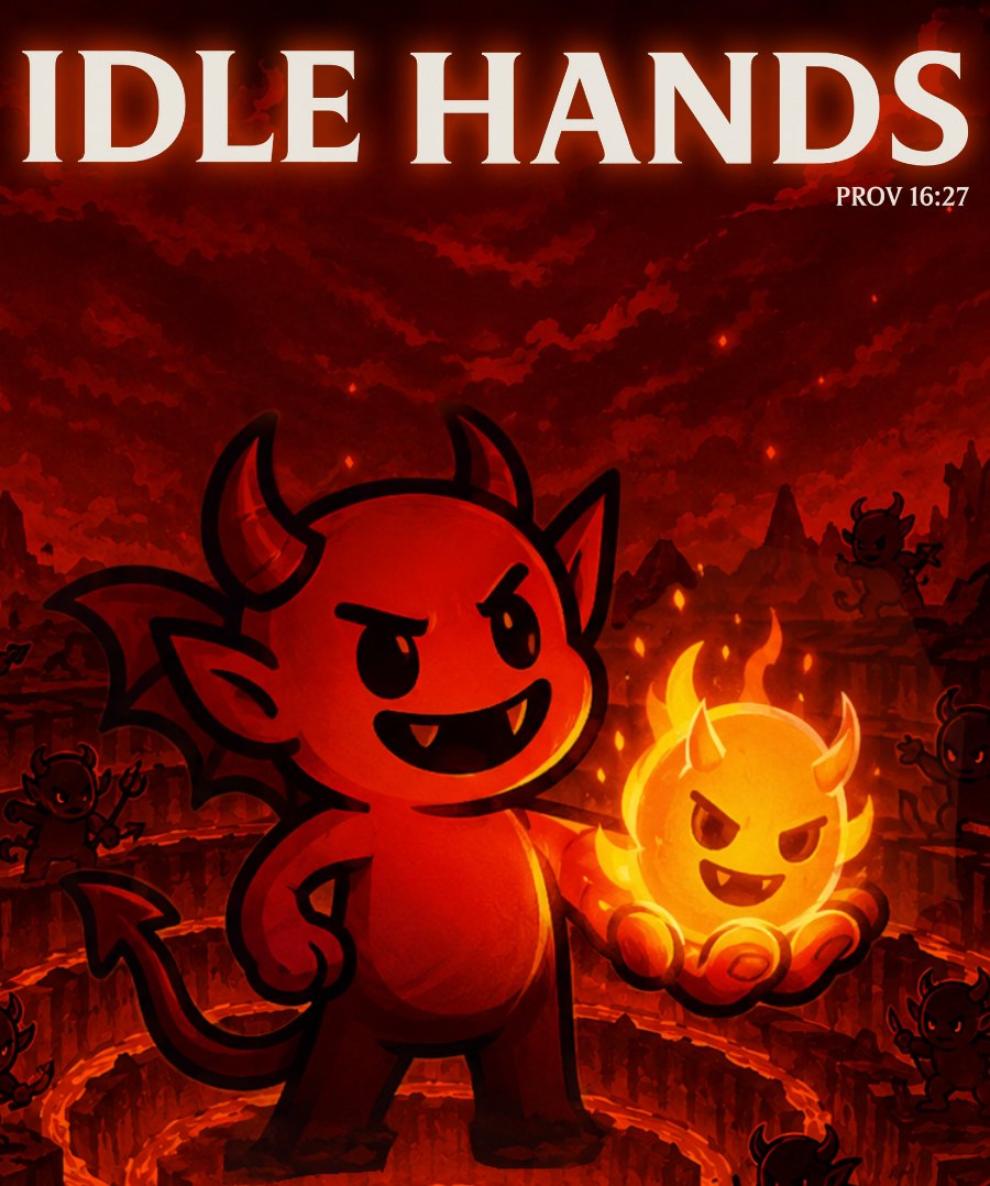 Idle Hands key art — a grinning red devil holding a flaming imp over the Circles of Hell